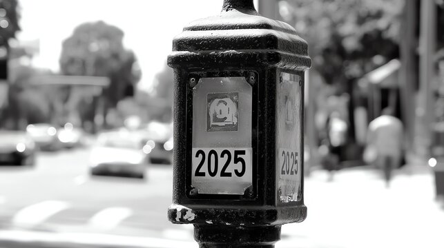A close-up of a street lamp post with the number 2025, set against a blurred urban backdrop.