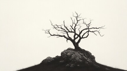 Fototapeta premium Monochrome illustration of a dead tree on a rock.