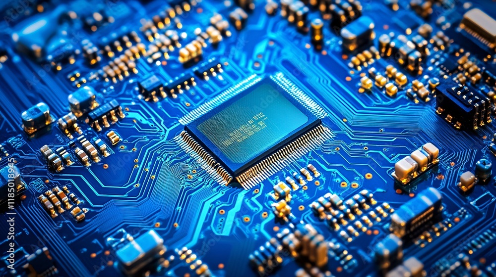 Leinwandbilder close-up of modern microchip on blue circuit board showing computing power
