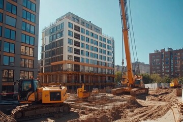 Fototapeta premium Modern building construction takes shape under a bright blue sky in an urban landscape