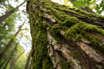 Obraz premium Macro View of Tree Trunk with Moss in Natural Forest Setting