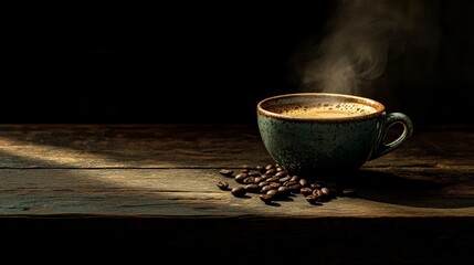 A minimalistic photo of a steaming cup of coffee placed on a wooden table, surrounded by coffee beans