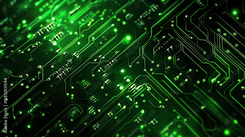 Poster Futuristic green circuit board showing data flowing through electronic components