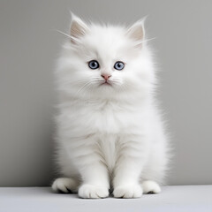 Adorable White Kitten with Bright Blue Eyes Against Gray Background
