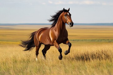 Obraz premium A majestic horse gallops gracefully across endless steppes, its mane flowing in the wind. The landscape unfolds under a clear sky, showcasing the beauty of freedom