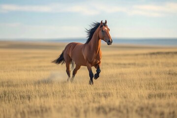 Obraz premium A majestic horse runs gracefully across the expansive steppes, embodying the spirit of freedom. Its mane flows in the wind as it moves dynamically through the tall grass