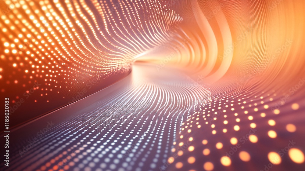 Poster abstract glowing particles moving through futuristic tunnel