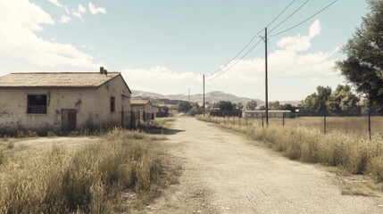 Obraz premium Rustic rural road leads past dilapidated farm buildings and fields under a clear sky.