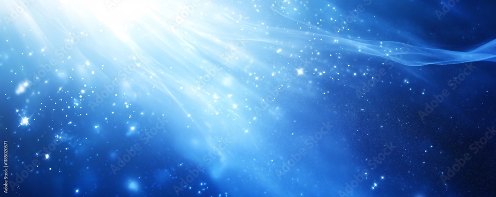 Aufkleber light beams shining through a blue abstract background with sparkling particles