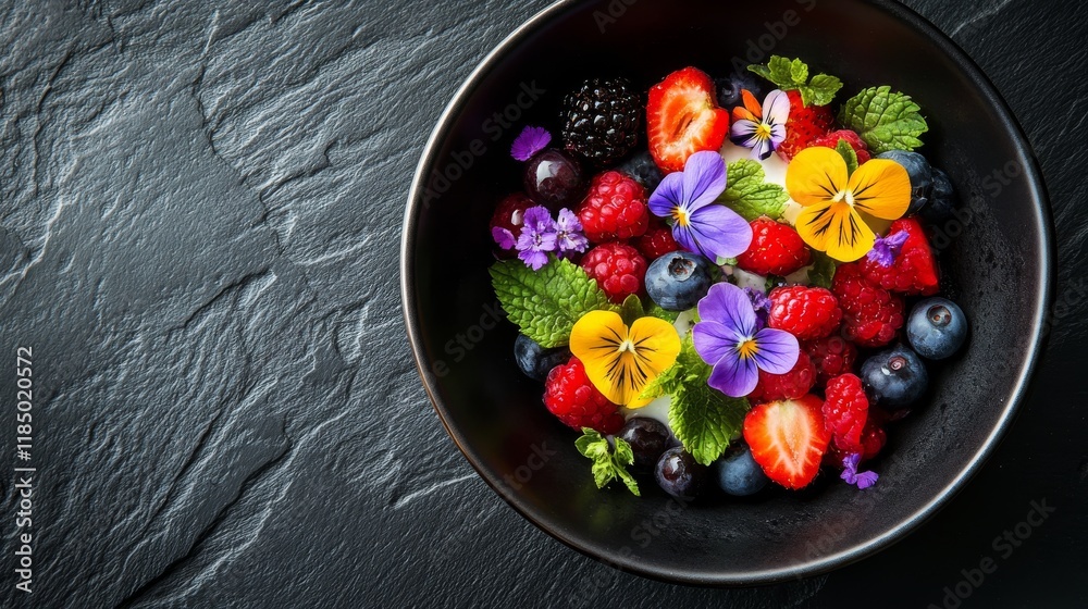 Sticker A vibrant smoothie bowl filled with assorted berries, edible flowers, and mint leaves, presented in a black bowl on a textured surface