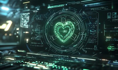 Futuristic interface showing a glowing green heart.