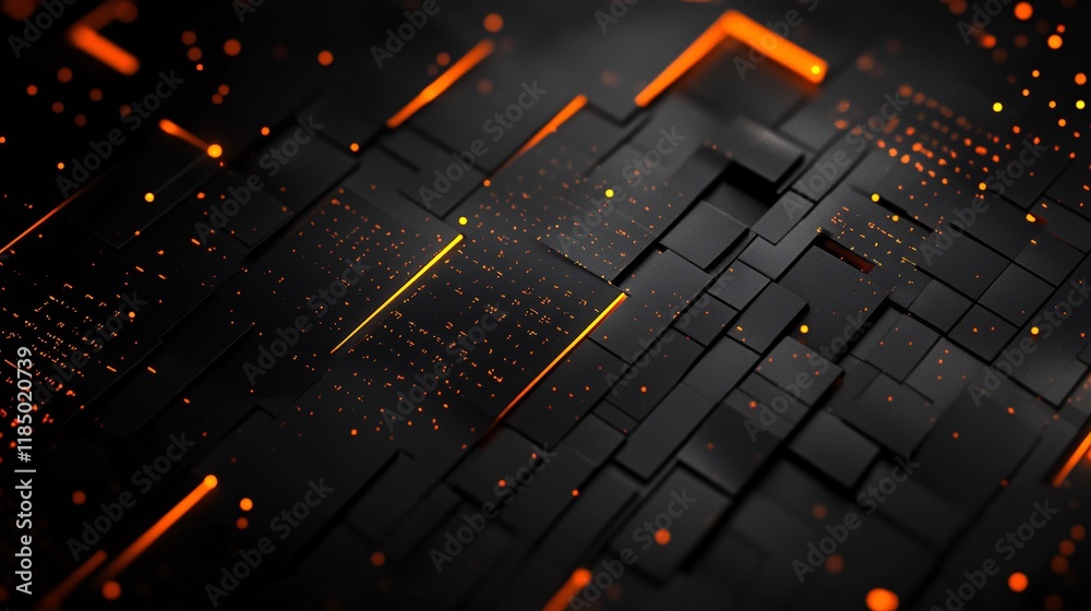 Poster futuristic black surface shining with orange lights and data flow