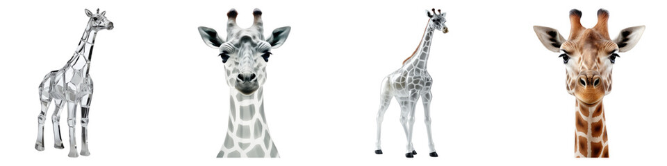 Glass figurine of giraffe isolated on transparent background, Set of