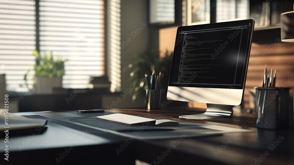 Poster Modern office desk showing programming code on monitor screen