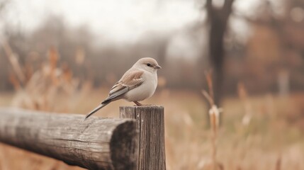 Small bird perched on a weathered wooden fence post in an autumnal field.