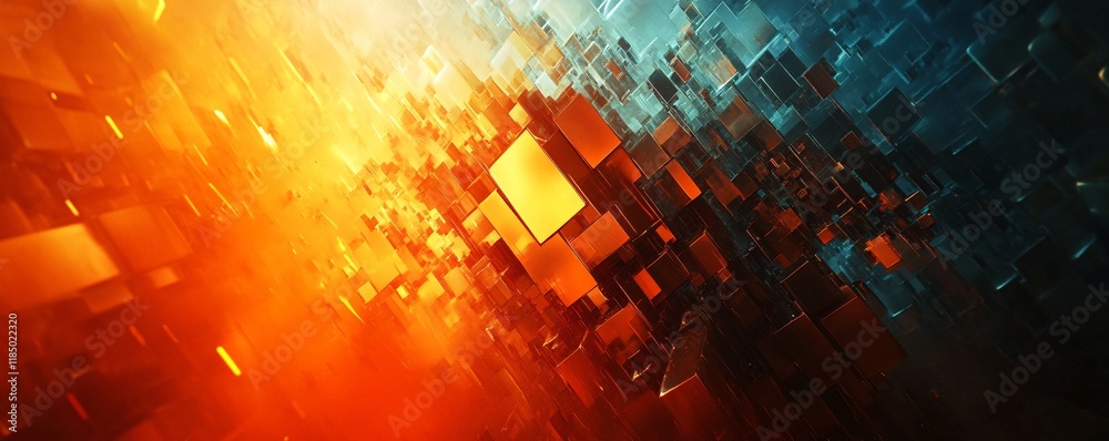 Poster Abstract orange and blue cubes creating dynamic background