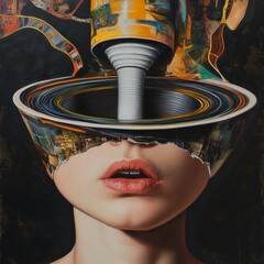 Surreal female portrait with torn paper and paint tube