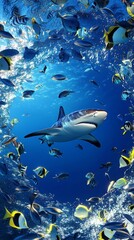 Fototapeta premium Under clear turquoise waters, a tropical reef shark navigates through a lively school of fish, showcasing the beauty and diversity of marine life in its natural habitat