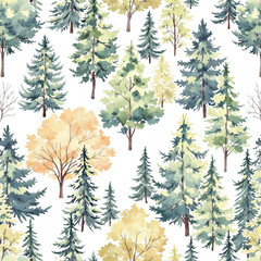Fototapeta premium Watercolor illustration of seamless pattern with trees, tree pattern, pattern of trees