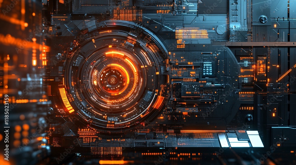 Poster futuristic motherboard emitting orange light and showing complex circuitry
