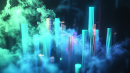 Abstract smoke trails and vibrant light flares create an ethereal atmosphere above dynamic structures at night