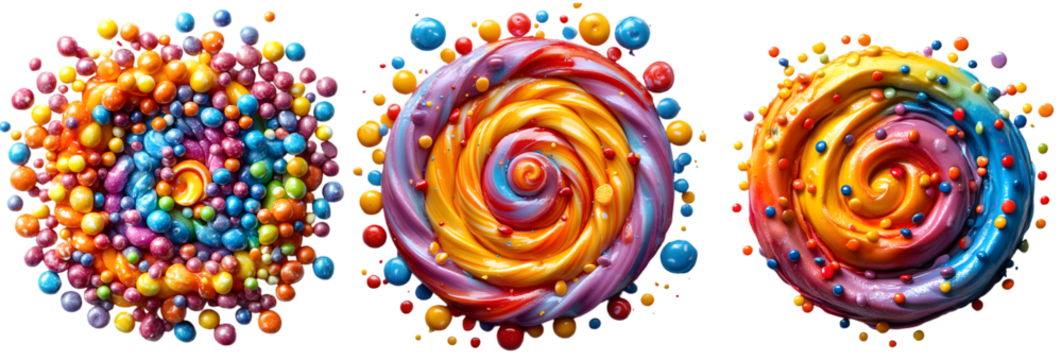 Vibrant Swirled Candy Patterns with Colorful Sprinkles - Isolated on Transparent Background