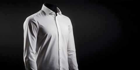 cinematic photography highquality madetomeasure white cotton button down shirt man ghost mannequin front view direct light product shot black background focus on fabr