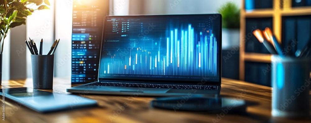 Poster laptop showing growing statistics chart in office setting