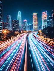 Fototapeta premium Dynamic light trails weave through urban landscape featuring geometric skyscrapers at nighttime