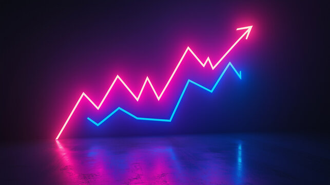Dynamic neon-inspired abstract layers of line charts illustrating growth trends and market fluctuations