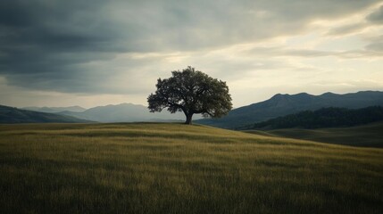 Solitary tree on a hilltop overlooking a vast field under a dramatic sky.