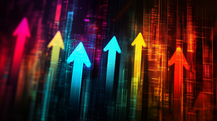 Vibrant upward arrows glowing brightly against a digital backdrop representing growth and positivity