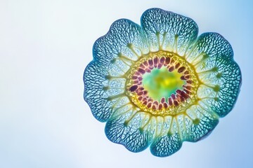 Microscopic cross-section of a flower, revealing intricate cellular structure and vibrant colors.