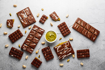 Dubai chocolate bar with pistachio paste and kadaif dough