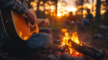 Man playing a guitar instrument at evening or night close to the campfire flame with his friends around. summer camping group adventure, outdoor forest vacation, weekend relaxing, carefree happiness.