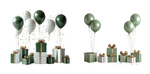 Elegant Green Gift Boxes with Balloons – Celebration Decorations Isolated on Transparent Background