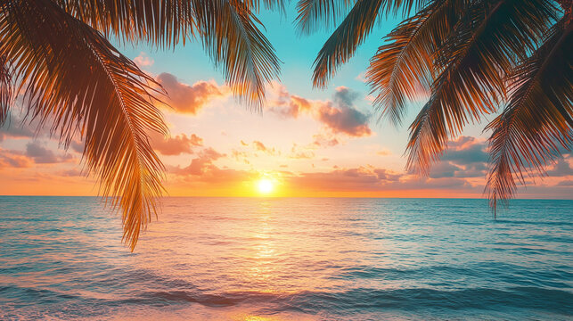 Text hello summer for tropical holiday travel season, beach palm trees and sunset over the sea or ocean horizon illustration. greeting card or flyer wallpaper, tourism banner background.