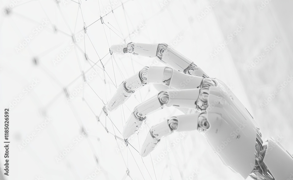 Poster a chatbot or network technology concept illustrated by a robot hand pressing the enter key on a comp
