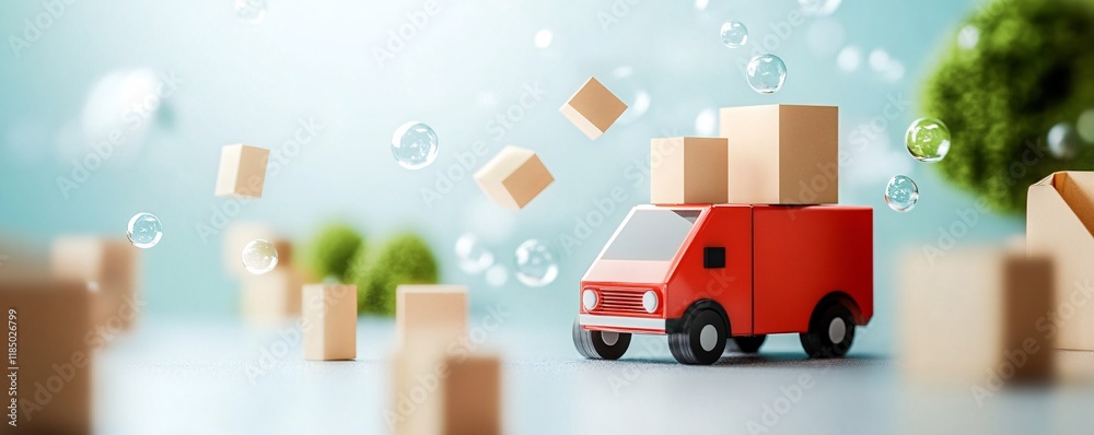 Poster Red delivery van carrying cardboard boxes with floating bubbles and miniature trees