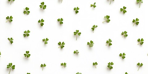 stylish st patricks gift wrap, modern, festive gift paper design white background with small golden shamrocks and subtle green polka dots in alternating rows