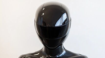 A detailed view of a glossy black robot head, positioned in front of a light gray backdrop