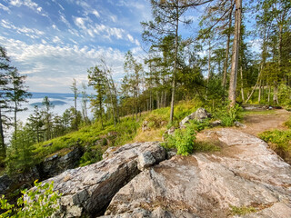 A picturesque rocky hillside adorned with various trees and a serene lake in the background, creating a stunning natural landscape that showcases the beauty of the wilderness