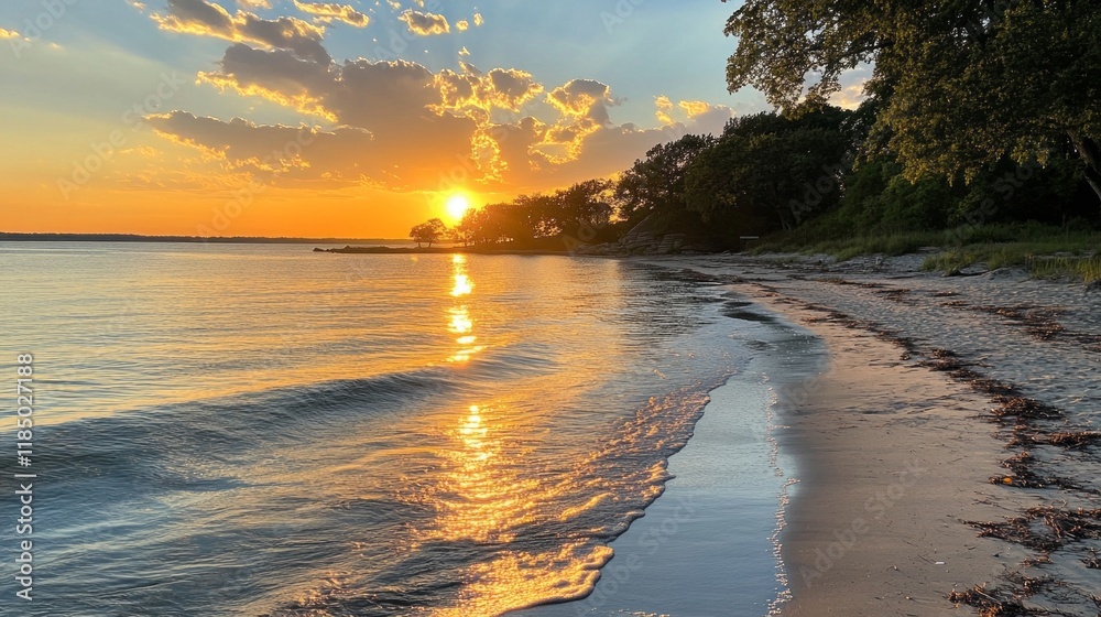 Aufkleber Golden rays filter through soft clouds as the sun descends on a tranquil beach. Gentle waves lap at the shore, creating a peaceful atmosphere perfect for contemplation and admiration