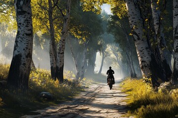 A rider moves quietly along a narrow forest path, surrounded by tall trees and vibrant foliage. Sunlight filters through the leaves, creating a serene atmosphere
