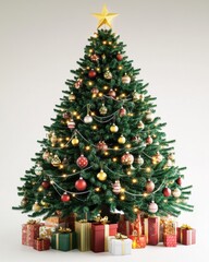 A beautifully decorated Christmas tree with colorful ornaments and wrapped gifts underneath, evoking festive cheer.