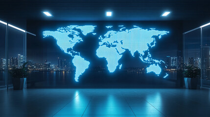 Blue glowing world map on the wall of empty business office at night. international worldwide network, corporate company career building strategy, marketing globalization promotion.