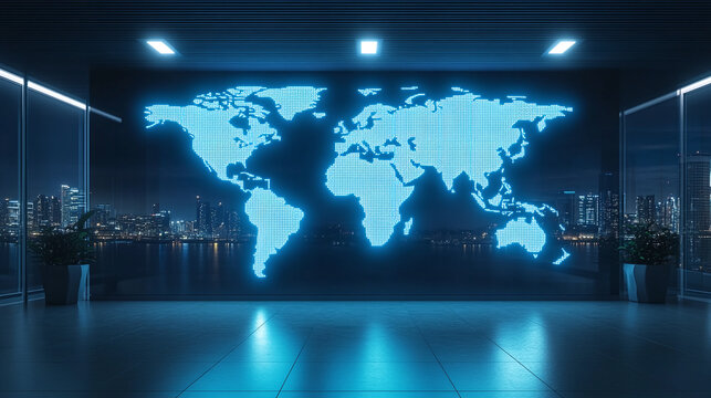 Blue glowing world map on the wall of empty business office at night. international worldwide network, corporate company career building strategy, marketing globalization promotion. - Powered by Adobe