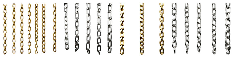 Metallic chain hanging isolated on transparent background, Set of