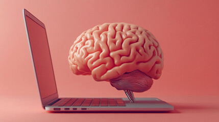 Robot with a brain typing on a laptop notebook computer. ai artificial intelligence futuristic programming illustration, cyborg machine learning, innovation chat bot typing, software service.