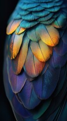 Fototapeta premium Close-up of a vibrant bird's feathers showcasing an iridescent blend of blues and oranges.